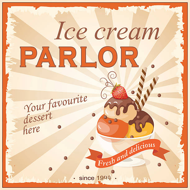 bildbanksillustrationer, clip art samt tecknat material och ikoner med vintage banner with scoop ice cream - yoghurt chocolate bowl