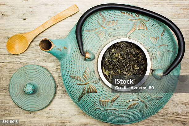 Blue Cast Iron Kettle Dry Green Tea Top View Stock Photo - Download Image Now - Backgrounds, Breakfast, Cultures