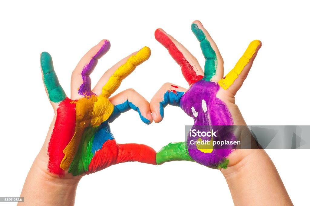 Child's hand painted watercolor in heart shape against white background Child Stock Photo