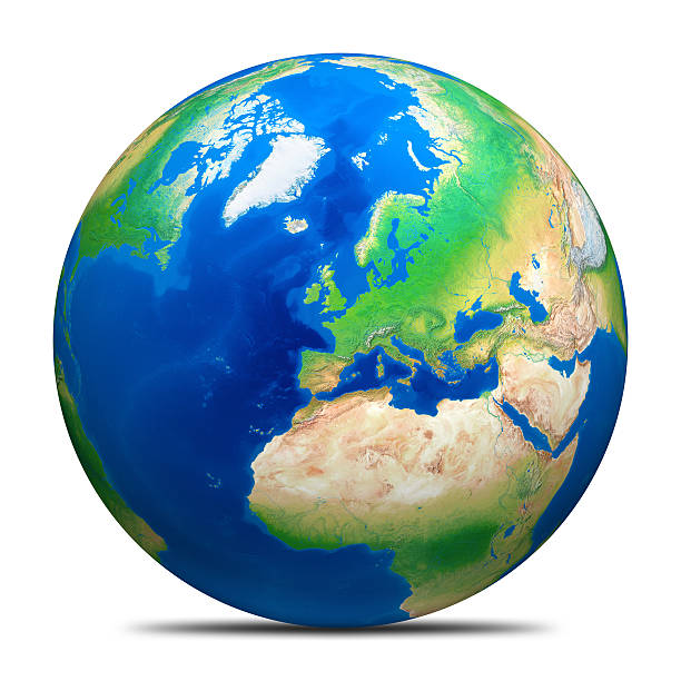 Earth globe on white without clouds and North Pole ice. Earth globe isolated on white background with Arctic, Europe and part of Americas, Africa and Asia visible. Clouds and Arctic Ocean ice have been removed as an indication of climate change and global warming. Also showing the bathymetry of the seas. Clipping path included. topographic map photos stock pictures, royalty-free photos & images