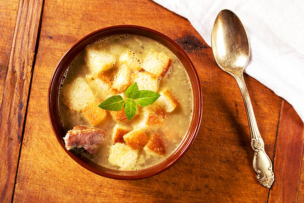 istock Delicious pea soup with smoked ribs and croutons 539115356