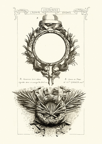 Vintage engraving of examples of Architectural sculpture, Crowns and Wreaths, French, 1887
