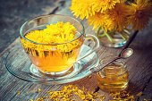 Cup of healthy dandelion tea and honey. Herbal medicine.