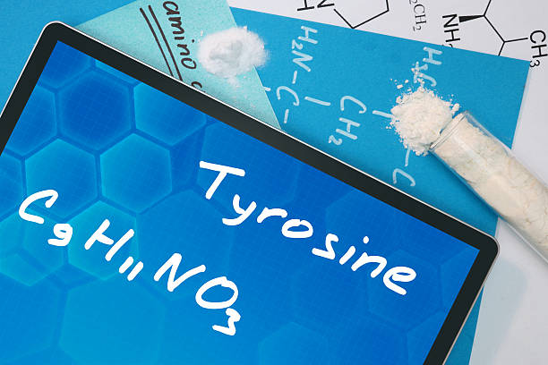 Tablet with the chemical formula of Tyrosine . Tablet with the chemical formula of Tyrosine . Amino acids. tyrosine photos stock pictures, royalty-free photos & images