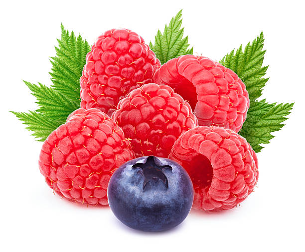 istock Five raspberries and one blueberry isolated 539118802