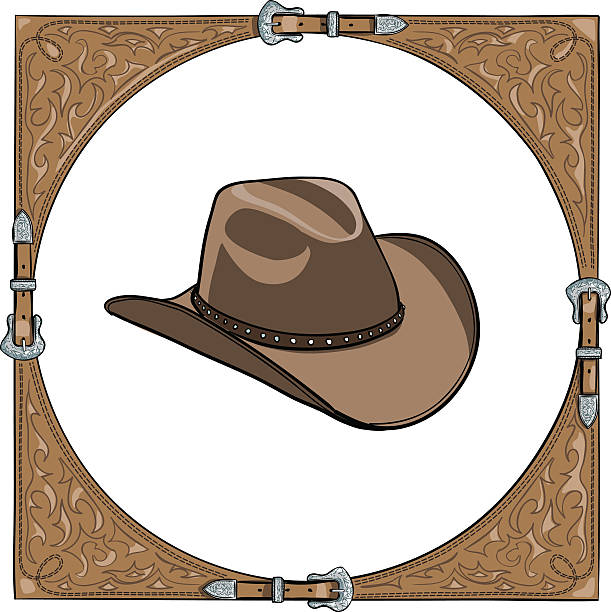 Cowboy hat in the western leather frame Illustration on white background. Vector country fashion stock illustrations