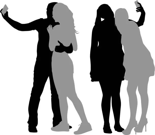 Vector illustration of Silhouettes  man and woman taking selfie with smartphone