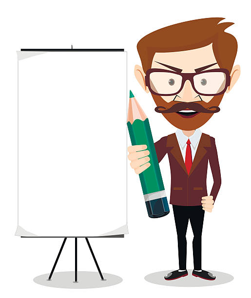 ilustraciones, imágenes clip art, dibujos animados e iconos de stock de hombre de negocios con un cartel y lápiz, ilustración vectorial - young male illustrations