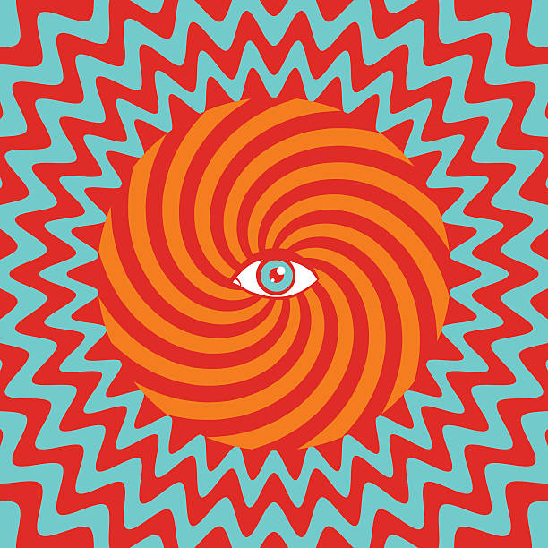 Hypnotic poster Color hypnotic retro poster with eye psychedelic art stock illustrations