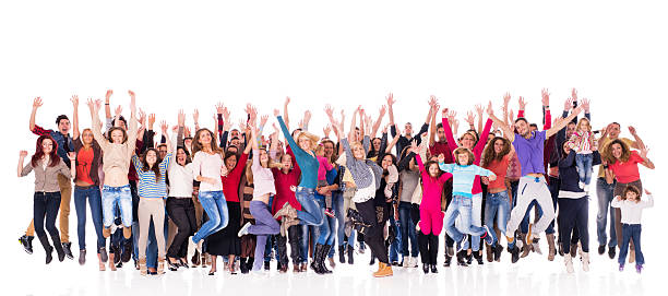 istock Crowd of people jumping with raised hands. 539120585