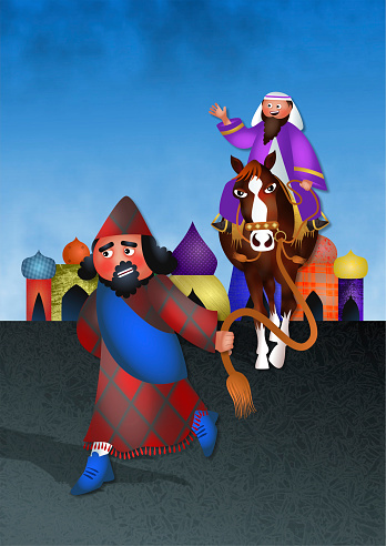 A cartoon illustration depicting the honouring of Mordecai the Jew at the kings command, with a very upset and embarrassed Haman. This illustration is from the book of Esther and is celebrated on the Jewish festival of lots.