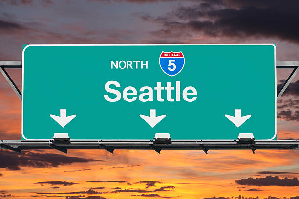 istock Seattle Interstate 5 North Highway Sign with Sunrise 539121228