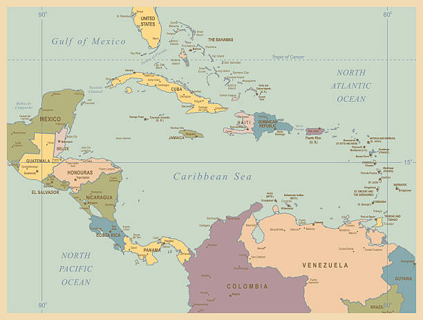 Vintage Map of Central America Central America - Retro Map grenada caribbean map stock illustrations