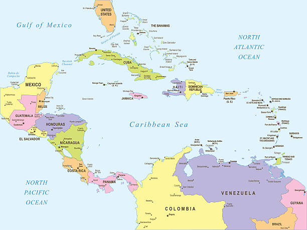 Map of Central America - illustration Colored Empty Map of Central America with Country Names and Capital Cities leeward dutch antilles stock illustrations