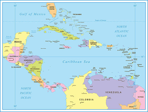 Map of Central America - illustration Colored Empty Map of Central America with Country Names and Capital Cities grenada caribbean map stock illustrations
