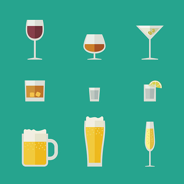 Mugs and glasses icons. Mugs and glasses icons. Vector flat glasses with alcoholic beverages. alcoholism stock illustrations