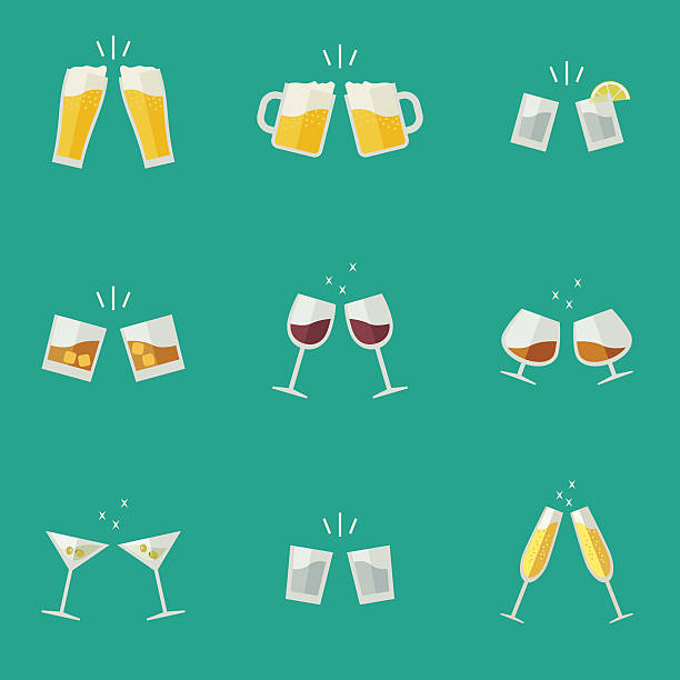 Clink glasses icons. Clink glasses flat icons. Glasses with alcoholic beverages drinking illustrations stock illustrations