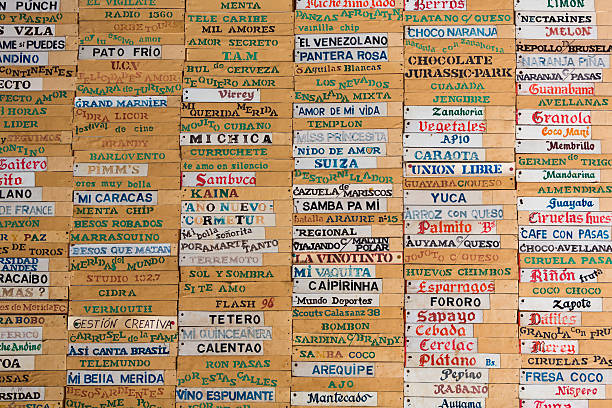 Old wooden board with all ice-cream names written in Spanish Merida, Venezuela- April 29, 2015: Huge vintage wooden board with different ice-cream tastes in ice-cream shop in Merida. Written in Spanish.  merida venezuela stock pictures, royalty-free photos & images