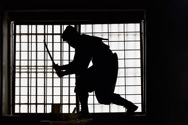 Ninja with Sword Silhouette Against a Window in Japanese House Kyoto iStockalypse.  A stealthy ninja (shinobi) holding a short sword is illuminated by the window light as he quietly walks along a window ledge in a house at night.  Kyoto, Japan. guerrilla warfare photos stock pictures, royalty-free photos & images