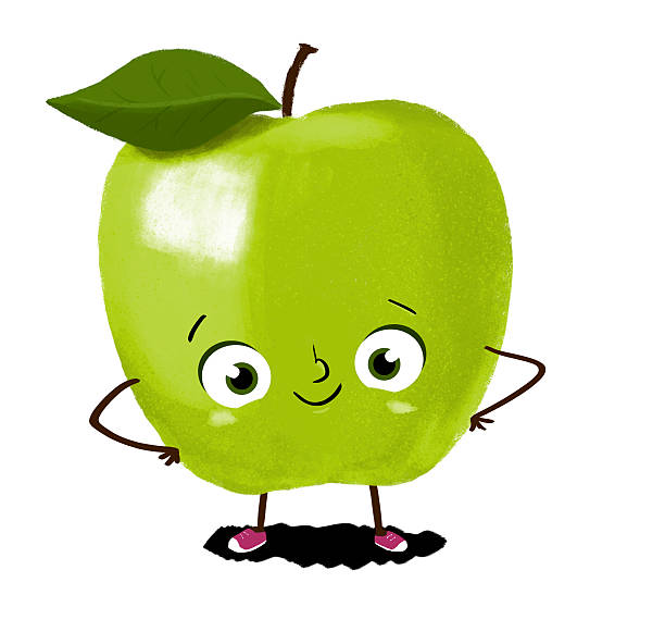 Drawing of an green apple. Apple with eyes, arms and legs. Fresh fruit vitamins