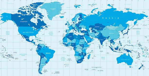Vector illustration of Detailed vector World map in colors of blue