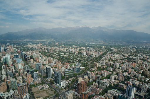 Santiago de Chile, Chile - November 15, 2015: Santiago de Chile aerial view from Sky Costanera, Santiago, Chile. Sky Costanera, the highest building in Latin America, designed by Cesar Pelli.