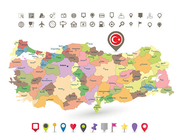 türkei-karte mit fahne und navigation symbole - izmir stock-grafiken, -clipart, -cartoons und -symbole