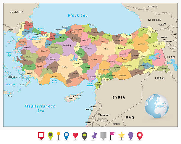 ilustrações de stock, clip art, desenhos animados e ícones de turquia detalhada administrativas e ícone plano conjunto do mapa - van