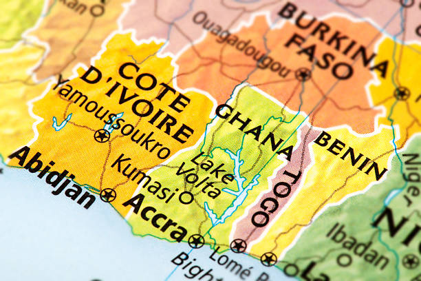 Benin, Ghana, Togo, Ivory Coast Map of Benin, Ghana, Togo, Cote D'ivoire. A detail from the World Map provided by RAND McNALLY. ghana photos stock pictures, royalty-free photos & images