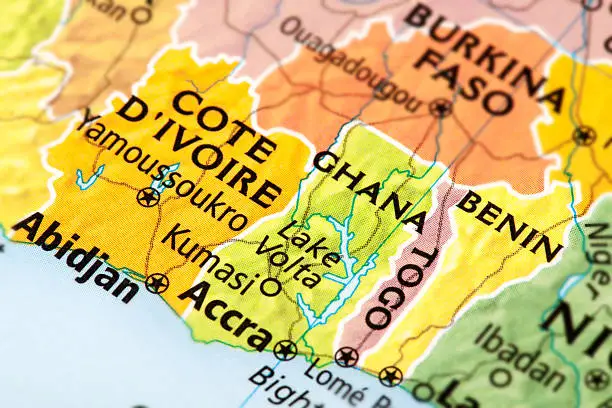 Map of Benin, Ghana, Togo, Cote D'ivoire. A detail from the World Map provided by RAND McNALLY.