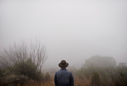Rearview shot of a young man wearing a hat in a misty landscape
