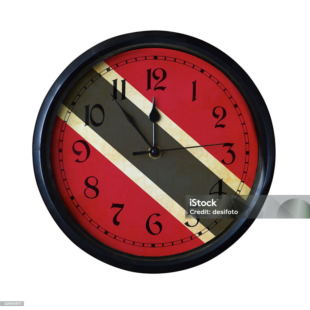 Trinidad-and-Tobago Flag Wall clock - isolated over white An old Trinidad-and-Tobago flag wall clock with grungy background - isolated over white Black Color Stock Photo