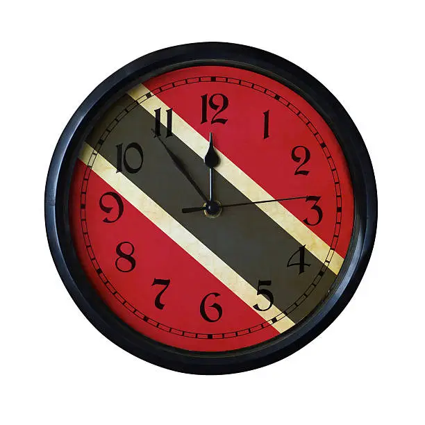 An old Trinidad-and-Tobago flag wall clock with grungy background - isolated over white