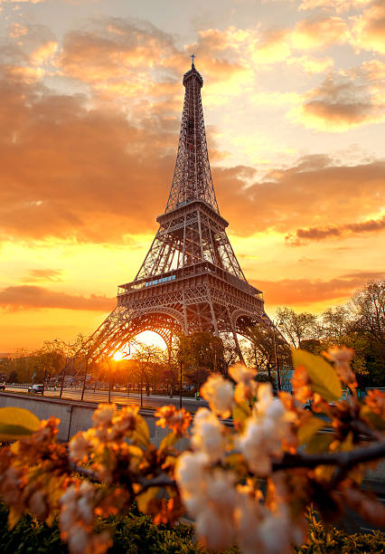 Spring morning with Eiffel Tower in Paris, France