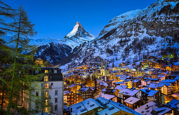 Aerial View on Zermatt Valley and Matterhorn Peak at Dawn Aerial View on Zermatt Valley and Matterhorn Peak at Dawn, Switzerland pennine alps stock pictures, royalty-free photos & images