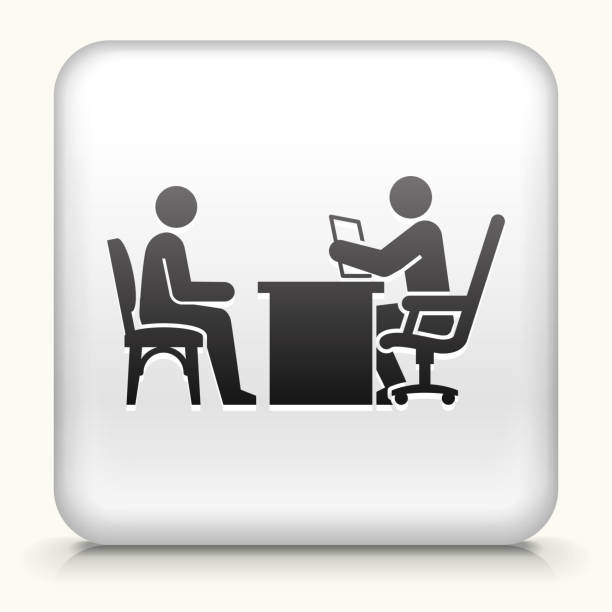 Square Button with Interview royalty free vector art Royalty free vector art. The black interface icon is on a simple white Background. Button has a bevel effect and a light shadow. 100% royalty free vector file and can be easily modified, icon download comes with vector art and jpg file. White Square Button with Interview interface icon anonymous interview stock illustrations
