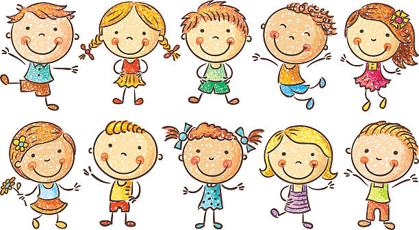 dziesięć szczęśliwy kreskówka, dzieci - child jumping white background small stock illustrations