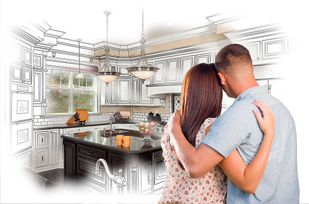 istock Young Military Couple Inside Custom Kitchen and Design Drawing C 539183293