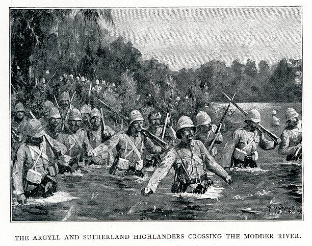 Anglo Boer War - Argyll and Sutherland Highlanders Vintage engraving of a scene from the Second Anglo Boer War, Argyll and Sutherland Highlanders crossing the Modder River. 1900 waist deep in water stock illustrations