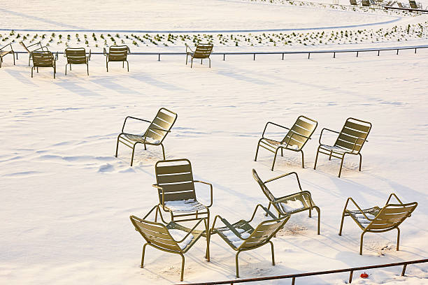 Empty metallic chairs in the Jardin du Luxembourg (Luxembourg gardens) in Paris, France