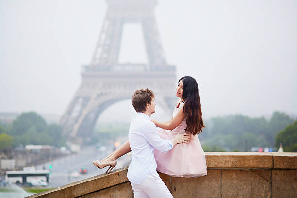 Beautiful romantic couple near the Eiffel tower in Paris