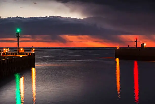 Exit port on Borkum in the twilight. Borkum, North Sea, Germany