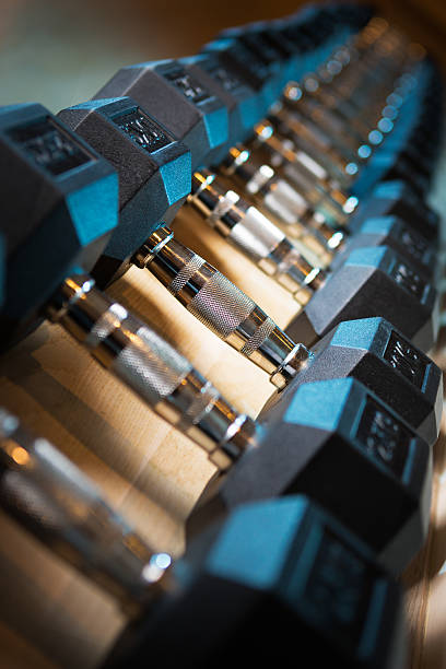istock Dumbbells on rack at gym 539206007