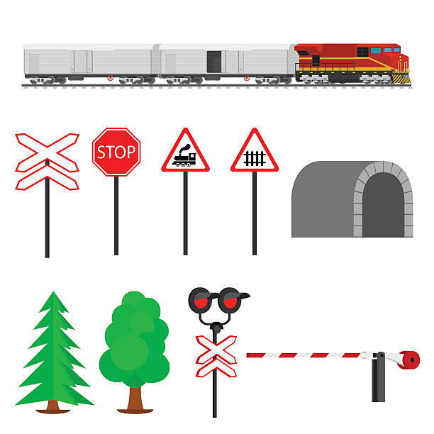 illustrations, cliparts, dessins animés et icônes de chemin de fer feu de trajet et de wagons et d'un réfrigérateur. - railroad crossing train railroad track road sign