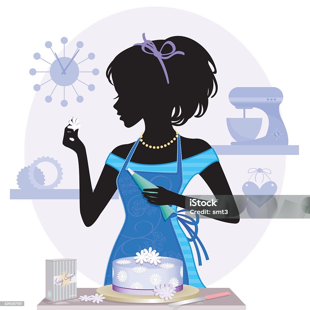 Cake baking girl silhouette Colourful silhouette of a girl baking the perfect cake Baker - Occupation stock vector