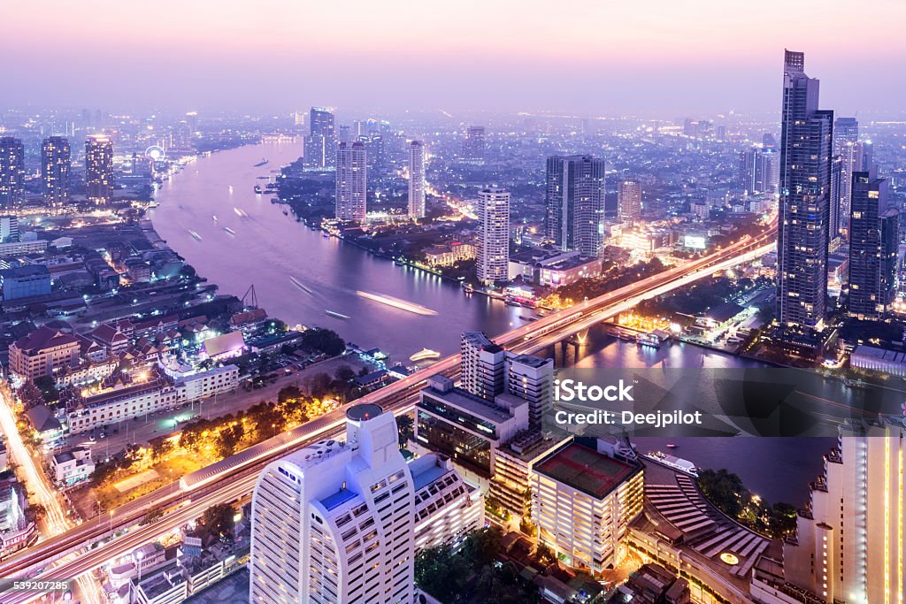 Aerial View of the the Bangkok Skyline Thailand Aerial view of the Bangkok city skyline and the Chao Phraya River, Thailand. Bangkok Stock Photo