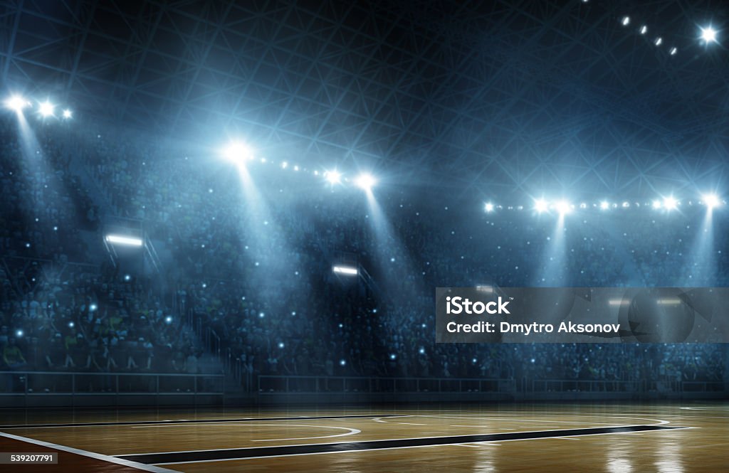 Basketball arena Indoor floodlit basketball arena full of spectators - full 3D Basketball - Sport Stock Photo