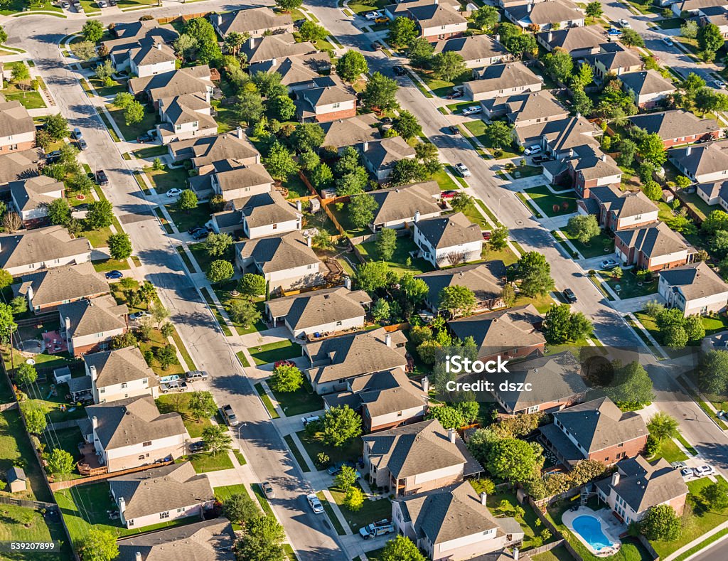 San AntonioTexas suburban housing development neighborhood - aerial view San AntonioTexas suburban housing development neighborhood - aerial view with houses in rows in middle-class neighborhood Aerial View Stock Photo