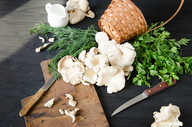 istock pleurotus black wooden table wicker 539207942
