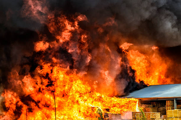 istock Pallet factory burning in industrial area 539207989